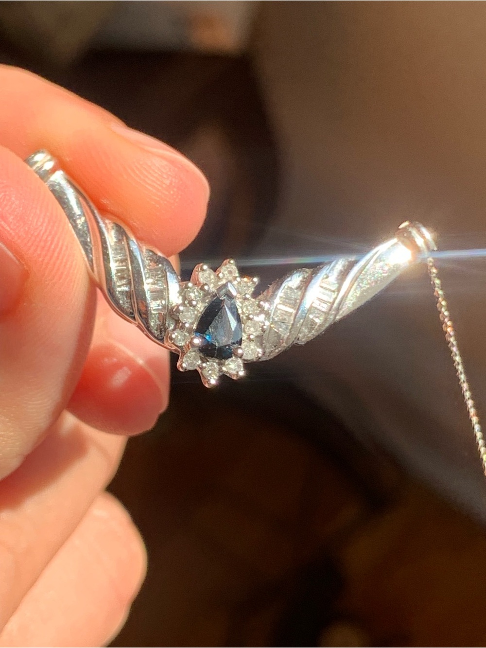 14k Gold  Blue Sapphire Teardrop Necklace with Diamond Halo